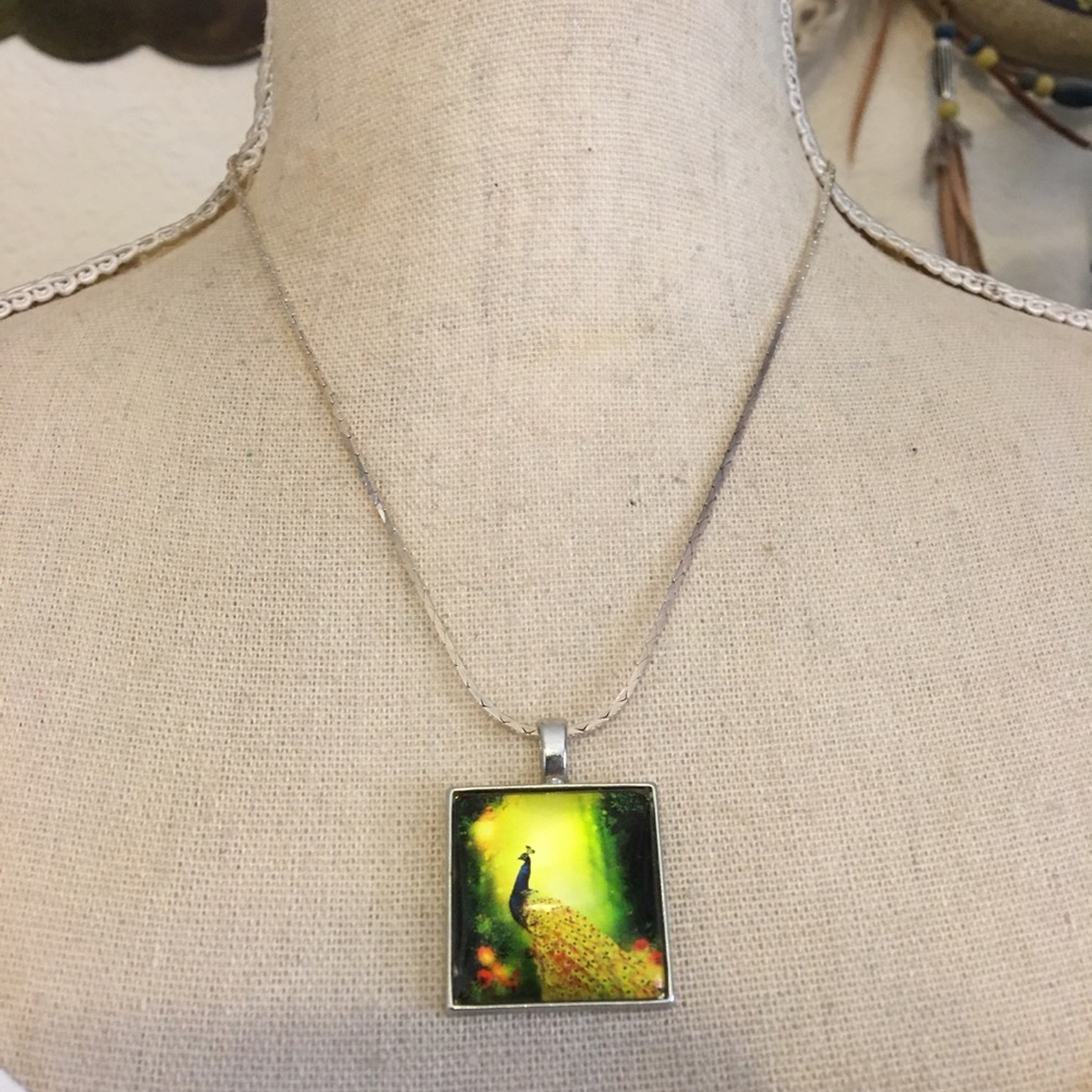 Dome peacock pendant on silver chain necklace
